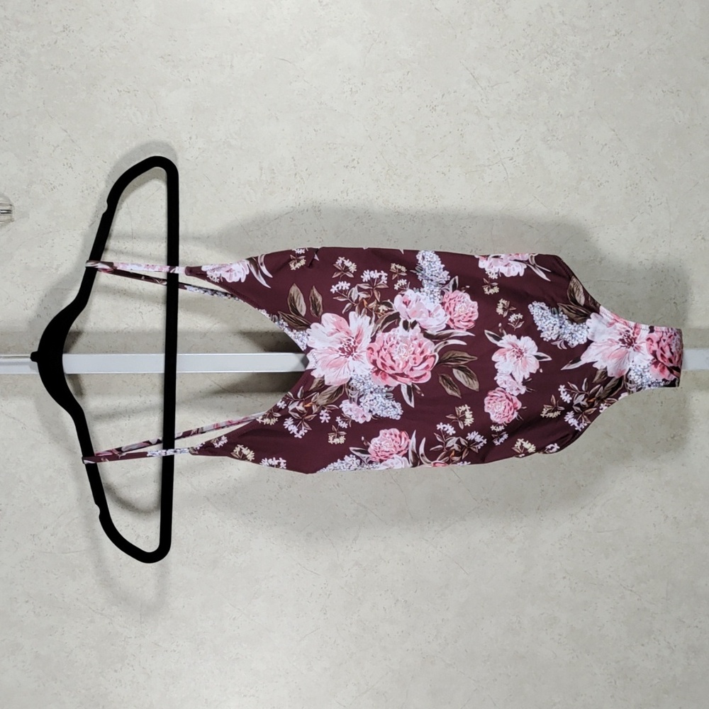 2/$10 05SE1 H&M maroon w/pink floral print swim suit 6